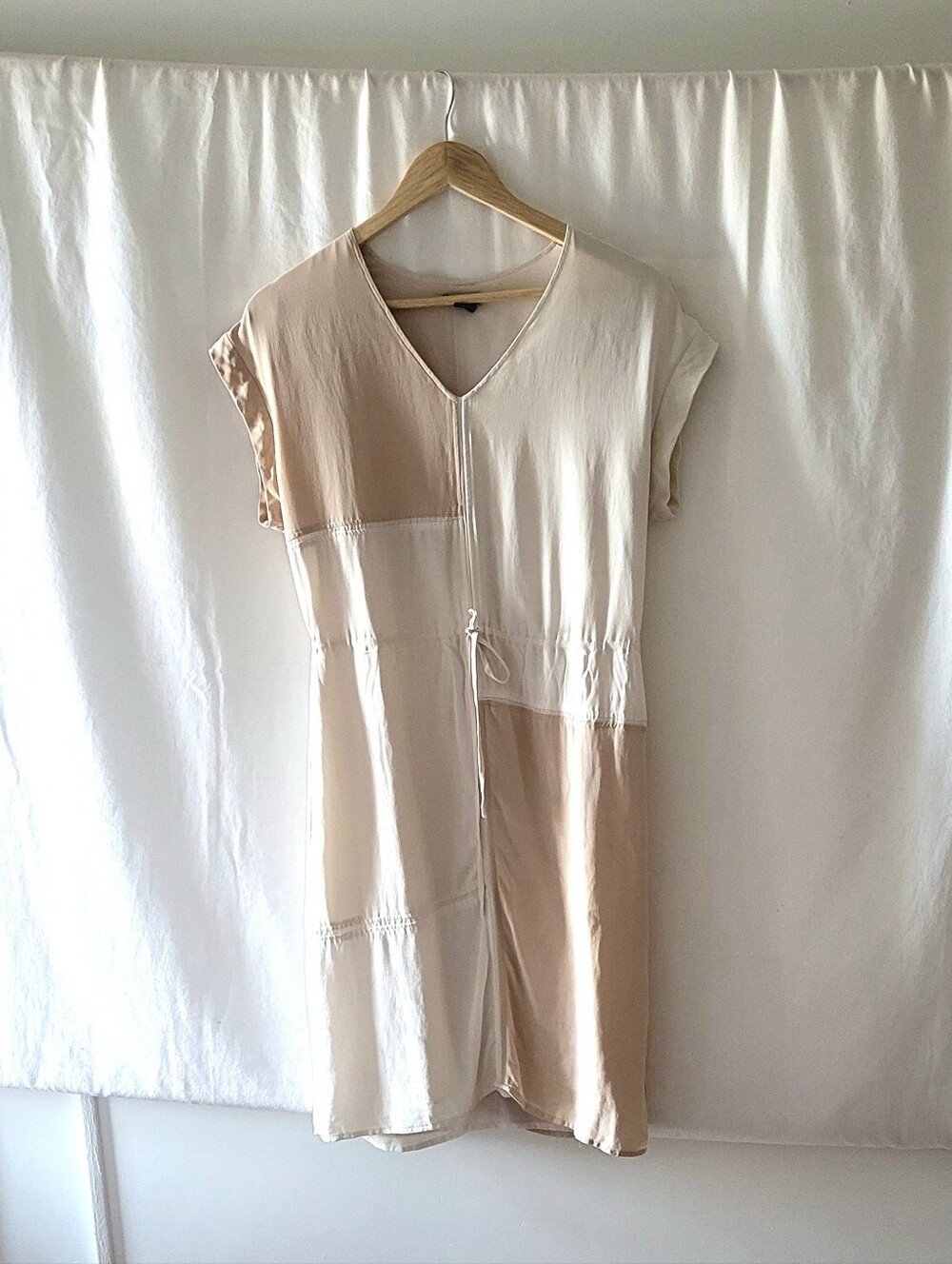 100% Silk Theory Two-Tone Beige and Cream V-Neck Midi Dress
